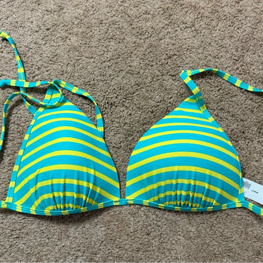 Old Navy Teal and Yellow Striped Triangle Bikini Top